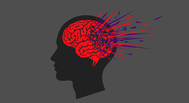 Silhouette of a human head with a vibrant red brain exploding outwards with colorful streaks representing thoughts or ideas.