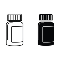 Two simple line art illustrations of medicine bottles one in outline and one in silhouette