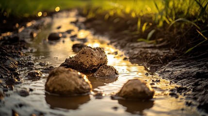 Muddy lumps of coarse material partially submerged in flowing water with golden sunlight reflecting on the surface