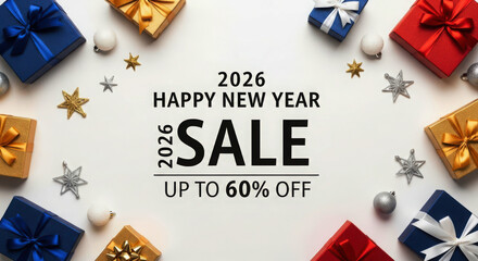 2026 happy new year sale with colorful gifts and festive decor