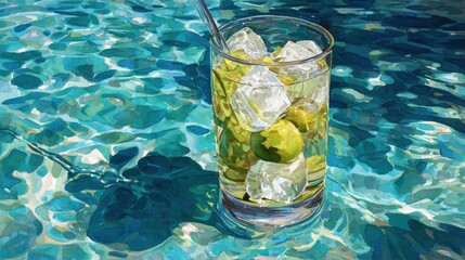 A glass of refreshing drink with ice and fruit, resting on a textured surface resembling water