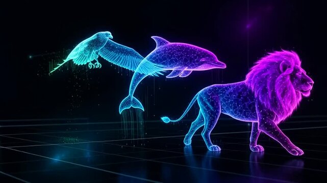 Holographic Lion Dolphin Eagle Creatures Displayed in Futuristic Digital Environment.