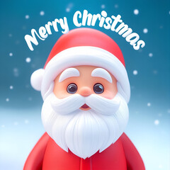 Adorable 3D Cartoon Santa Claus Close-Up with "Merry Christmas" Text and Snow