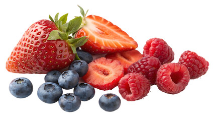 Fresh mixed berries with strawberry, raspberry, and blueberry cut out isolated on white background. AI GENERATED.
