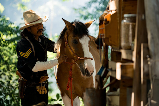 A cowboy gently touching his horse in warm evening light, creating a calm