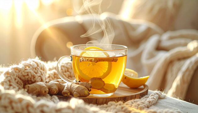 Warm cup of ginger lemon tea with steam rising, surrounded by ginger and soft blankets steaming - Powered by Adobe