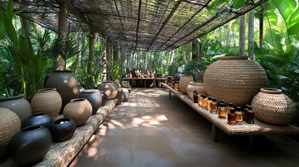 Perfume bottles on a bamboo display shelf in a natural setting