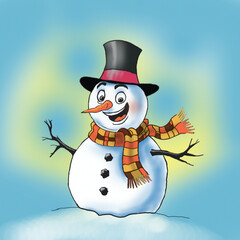 Fun snowman wearing a top hat and scarf smiles joyfully against a bright blue winter background