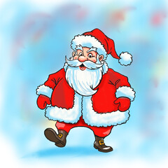 Cheerful Santa Claus walking in a festive setting during the holiday season