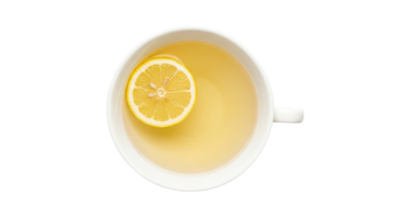 Lemon tea in a white cup isolated PNG, healthy beverage with citrus fruit on transparent background for food and drink design