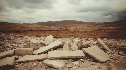 Piles of Broken Concrete Forming a Landscape of Destruction