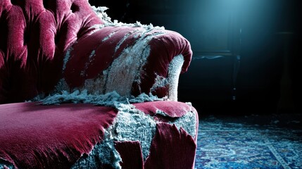 Torn and Frayed Velvet Chair Showing Damaged Fabric Details