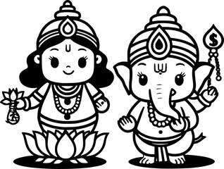 Cute Lakshmi and Ganesha in Festive Style