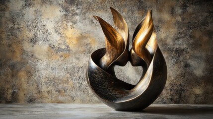 Polished bronze abstract figurative sculpture with flowing form against textured wall