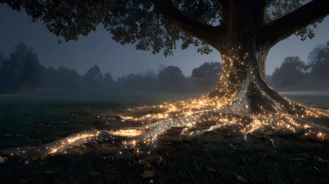 Glowing magical energy flows outward from the exposed roots of a large tree at twilight in a misty field