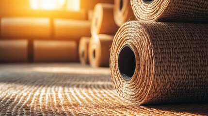 Rolled woven mats made from natural plant fibers stacked in warm sunlight