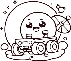 Smiling Planet with Space Rover and Satellite
