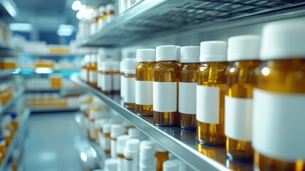 Rows of sterile saline solution bottles in various sizes neatly arranged on a medical supply shelf
