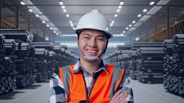Close Up Of Asian Male Engineer With Safety Helmet Crossing His Arms And Smiling To Camera While Standing at Warehouse of Rolled Steel Metal Bars, Rods or Billets