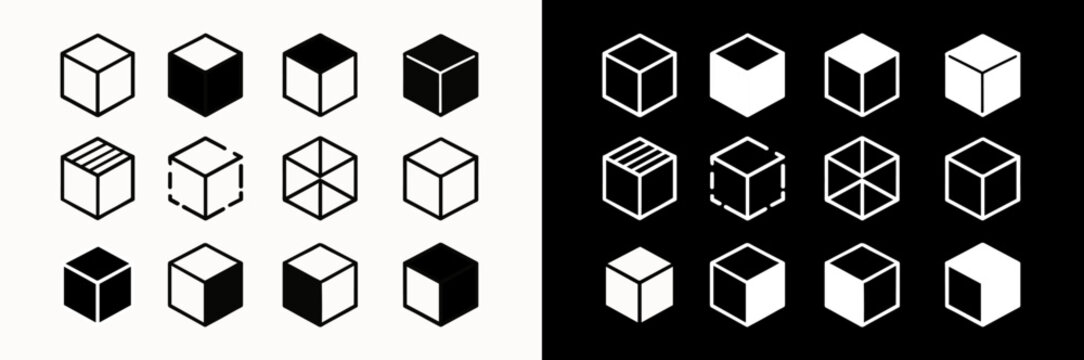 Fototapeta Geometric Cube Icons – 3D Shapes, Isometric Blocks & Patterned Vector Set