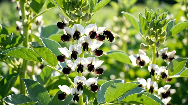 Close Up of Fava Bean Flowers Blooming in Sunlight