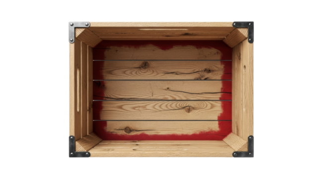 Wooden crate with red paint isolated PNG, rustic storage container for product display and organization on transparent background