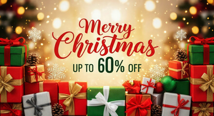 Christmas sale with gifts and snowflakes, up to sixty percent off