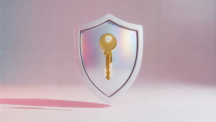 A clean and modern 3D render of a white shield featuring a glowing golden key emblem at its center.