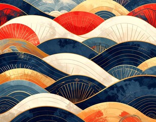 An abstract design mimics waves with fan-like segments in varied hues, incorporating gold outlines and textures for depth