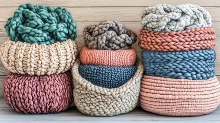 Stacked woven fiber baskets arranged with natural colors