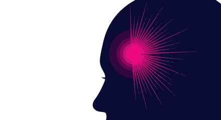 A silhouette of a human head with a glowing pink light emanating from the brain, symbolizing concepts such as headache, mental health, and pain.