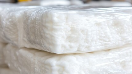 Stacks of dense white industrial grade padding foam material wrapped in clear plastic film