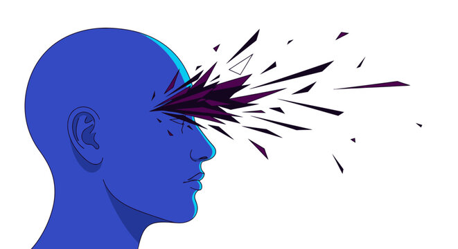 Abstract representation of a blue human head with a shattered eye, symbolizing a breakthrough of ideas or a mental explosion.