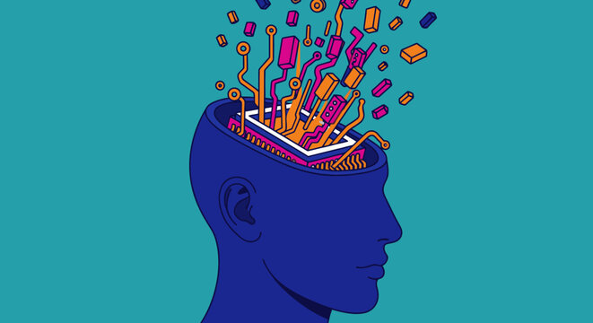 Abstract illustration of a human head with electronic components and circuits exploding outwards, symbolizing artificial intelligence.