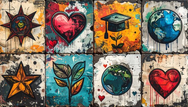 Assortment of vibrant, stylized illustrations displayed on textured square tiles. Imagery includes symbols of growth, love, and education