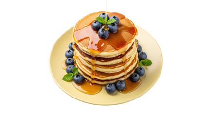 Stack of pancakes with blueberries and maple syrup isolated PNG, delicious breakfast dessert on...