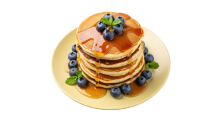 Stack of pancakes with blueberries and maple syrup isolated PNG, delicious breakfast dessert on transparent background
