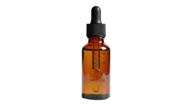 Amber glass bottle with dropper isolated PNG, essential oil container for aromatherapy and alternative medicine on transparent background - Powered by Adobe