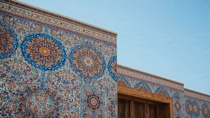 Colorful Persian Rug Wall Pattern with Blue Sky. Domestic and cultural design. Traditional craftsmanship and textile art. The aesthetic of woven textile decor.