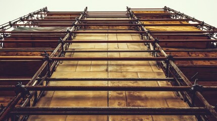 Upward view of weathered metal scaffolding forming a skeletal framework against a textured building facade