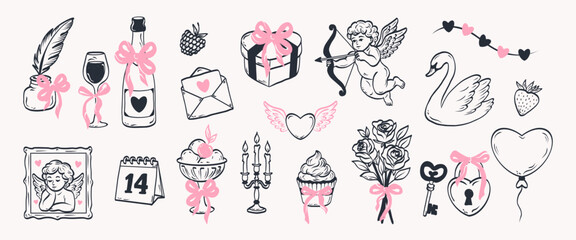 Сollection of hand drawn coquettish elements perfect for Valentine's Day, wedding invitations, or birthday cards. Cute girly bows,hearts, ribbons, champagne, strawberry. Vintage elegance vector.