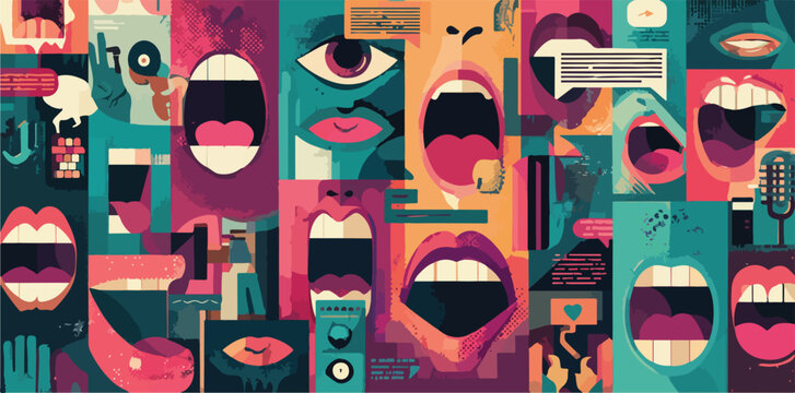 Colagem vibrante de bocas abertas e olhos expressivos em estilo gr&aacute;fico abstrato, representando comunica&ccedil;&atilde;o e voz.