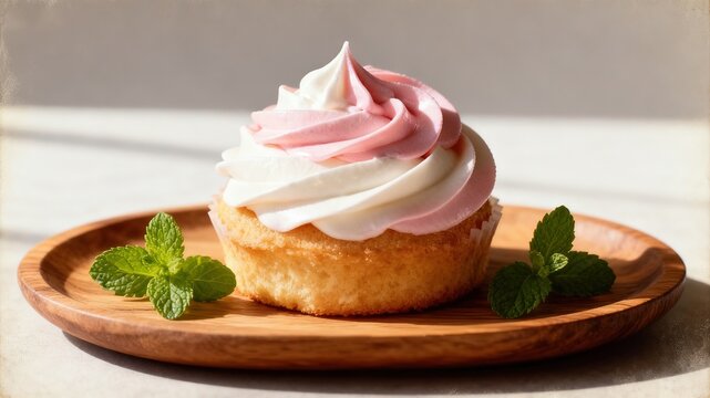 Pastel Gradient Frosted Cupcake with Mint Leaves on Wooden Plate - Cute Dessert for Birthday, Baby Shower