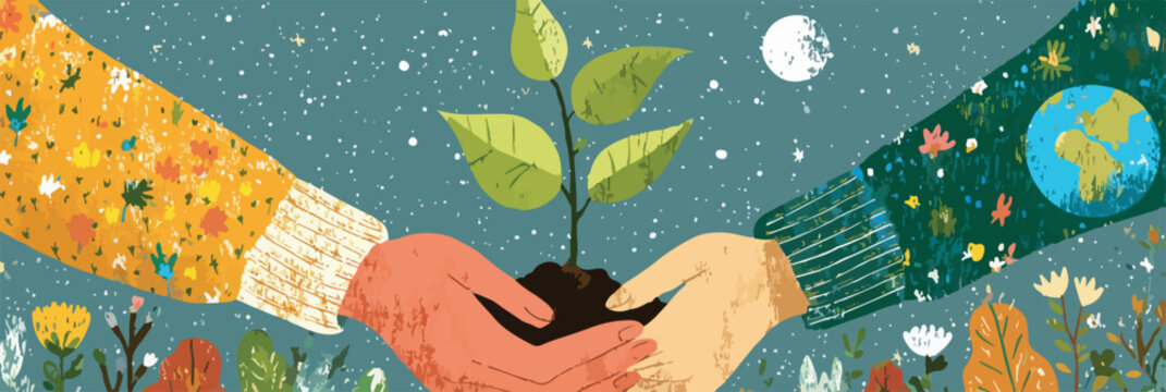 M&atilde;os unidas seguram muda de planta com terra, simbolizando cuidado com a Terra e sustentabilidade em vetor.