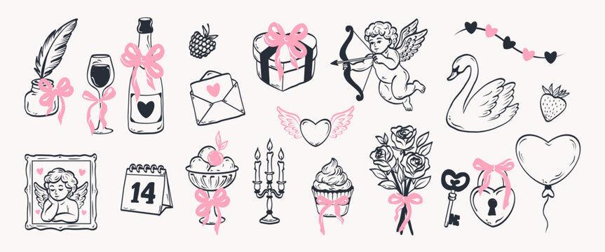 Сollection of hand drawn coquettish elements perfect for Valentine's Day, wedding invitations, or birthday cards. Cute girly bows,hearts, ribbons, champagne, strawberry. Vintage elegance vector.