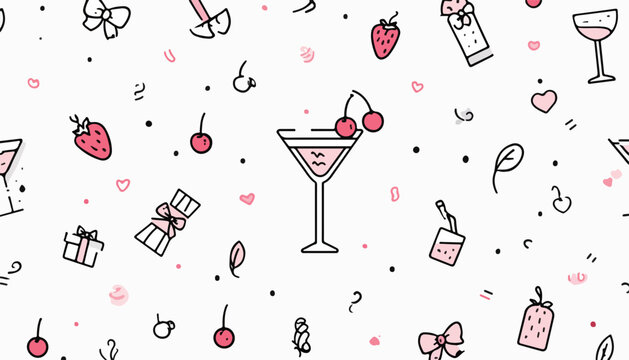 Vetor de fundo com coquetel de morango e cereja em estilo doodle minimalista, ideal para celebra&ccedil;&otilde;es.