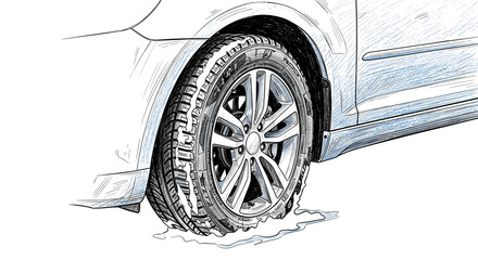 Car tire with a flat showing water puddle and detailed sketch outline  