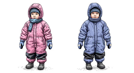 Two children in colorful winter suits with gloves and scarves  