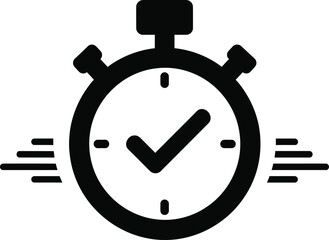 Efficient time management icon displaying a stopwatch with a checkmark and dynamic speed lines, symbolizing quick task completion, punctuality.