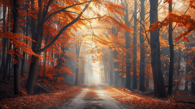 Autumn Forest Road with Orange Leaves and Morning Mist Landscape